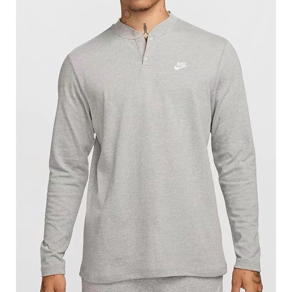 Nike Men's Size Medium Club Fleece Gray Long Sleeve Henley Shirt FZ6630-063 NEW